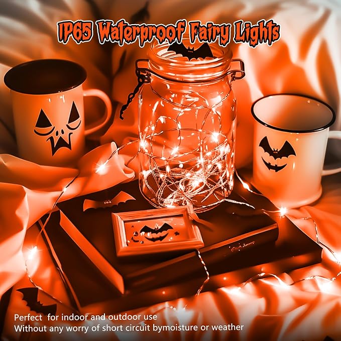 Minetom 6 Pack Orange Fairy Lights for Halloween Decor | 7ft 20 LED, Battery Operated, Waterproof Short Micro Firefly Lights for Pumpkin DIY Craft Paper Lantern Decor