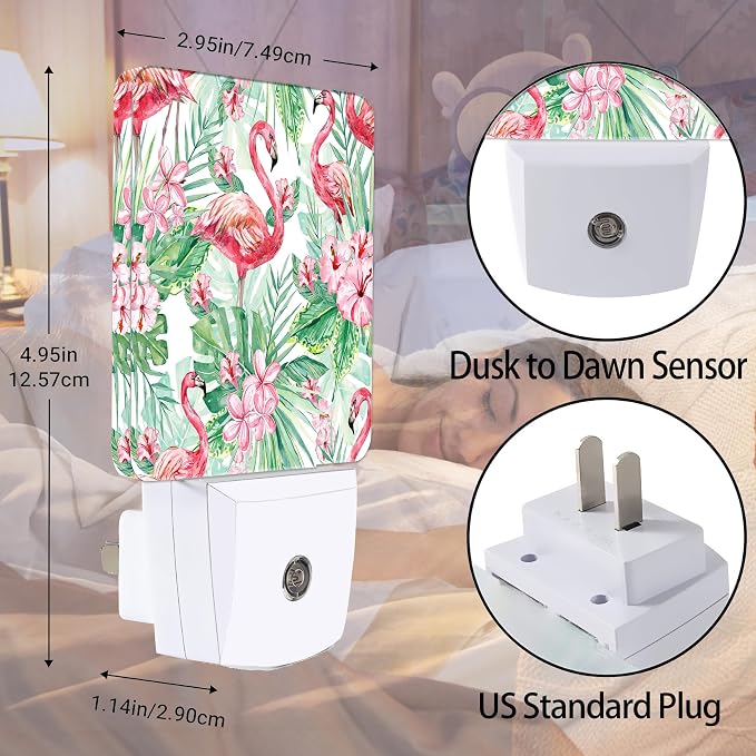 Tropical Floral Flamingo Dusk to Dawn Night Light, Auto Sensor Lamp Home Indoor Stairway Kitchen Corridor, Night Lights Plug into Wall Decor, Boys Girls Women Men Room Gifts