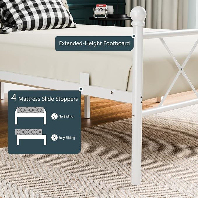 VINGLI Full Bed Frame with LED Lights & Charging Station, Metal Platform Bed Frame with Headboard, USB Ports, Under Bed Storage, Noise Free, No Box Spring Needed, Easy Assembly, White