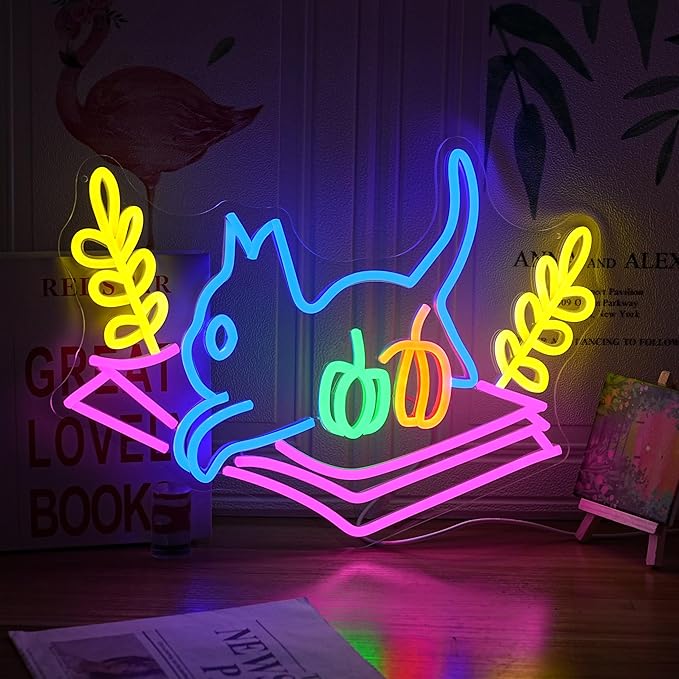 Cat Book Neon Sign Cat Learning LED Light Up Sign Cartoon Animal Neon Light Dimmable Read Books Neon Light Sign for Bookstore Bedroom Store Wedding Classroom decor