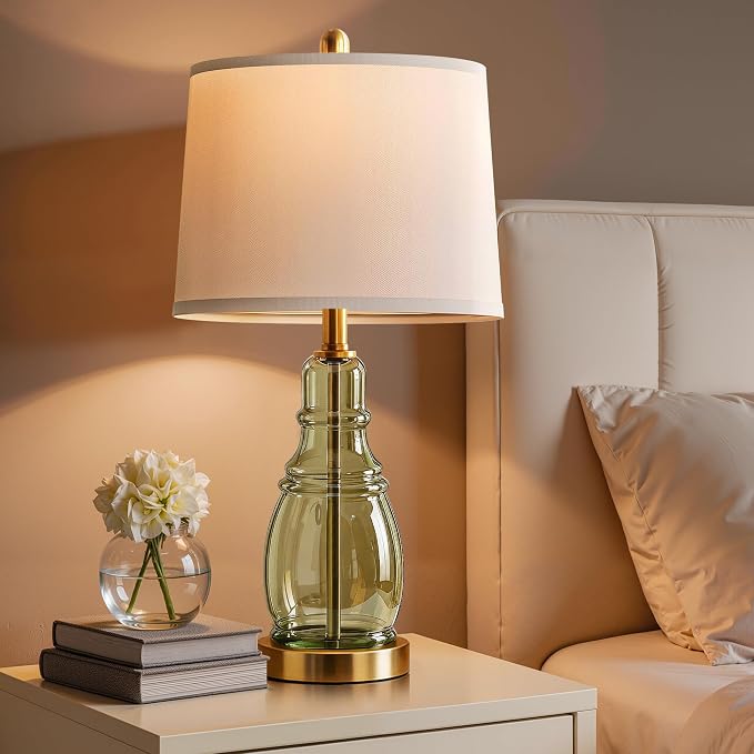 ROTTOGOON Glass Table Lamp Set of 2, Modern Table Lamps for Living Room Bedroom, Bedside Desk Lamps Vintage Nightstand Lamps with Linen Shades, 22", Green