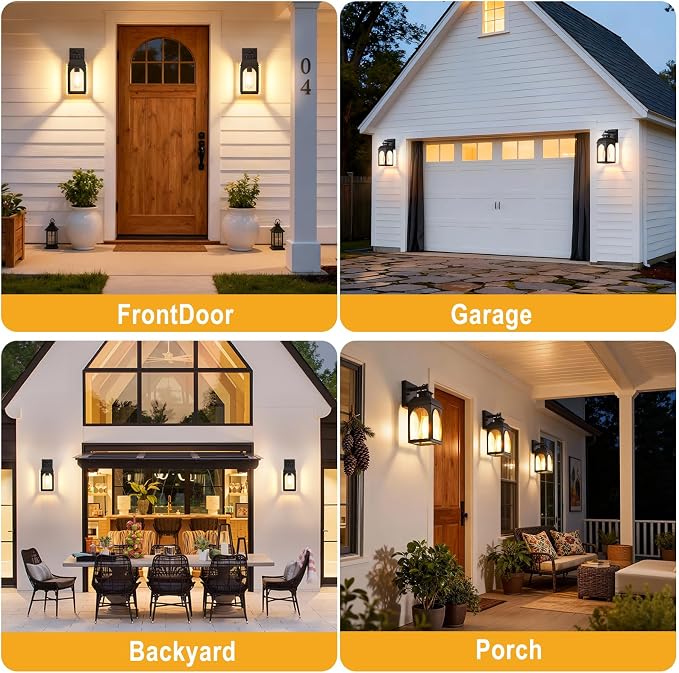 EJIAXIN 2 Pack Outdoor Wall Lights,Modern Black Exterior Wall Lanterns | Waterproof Metal Construction,Rust-resistant,Clear Glass Shades,Standard E26 Socket,Quick Installation,for Garage Doorway