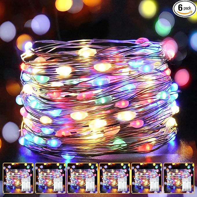 6 Pack LED Fairy Lights Battery Operated 20FT 60 LEDs Silver Wire String Lights Twinkle Lights Starry Fairy Lights for Bedroom Christmas Wedding Party Indoor Outdoor Decorations, Multicolor