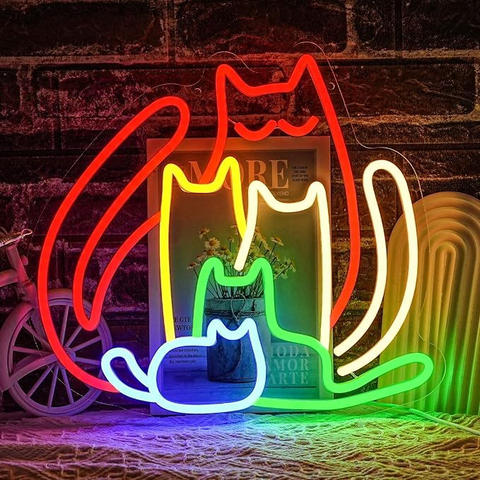 Colorful Cat Neon Sign for Wall Decor Rainbow Cat Led Sign Animal Neon Light Dimmable Pet LED Light Sign for Bedroom Men Cave Home Party Home Decor