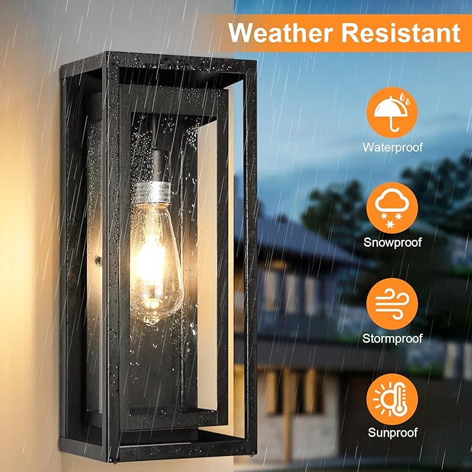 15" Outdoor Wall Lights, Black Exterior Lighting Fixtures, 2 Pack | Large Size, Anti-Rust, Waterproof, Tempered Glass, Easy Installation, Modern & Classic Outdoor Sconces for House Porch Garage