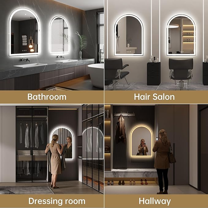 Arched Bathroom Mirror with Lights 40"x28"- Frameless LED Mirror for Bathroom, Fogless, Dimmable, 3 Color Changing, Shatterproof, Touch Sensor