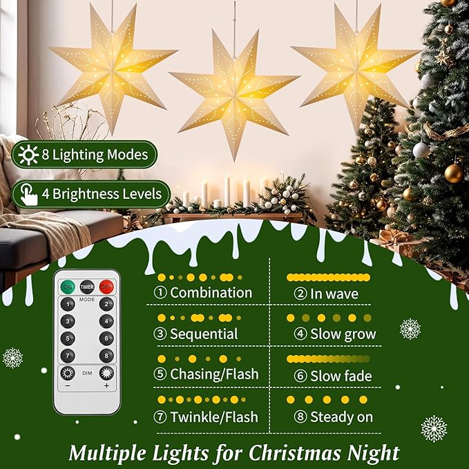 Lewondr Christmas Paper Star Lantern 3 Pack, Hanging Star Lights with Remote Control, Led Paper Lanterns with 6H Timer for Holiday Home Decoration