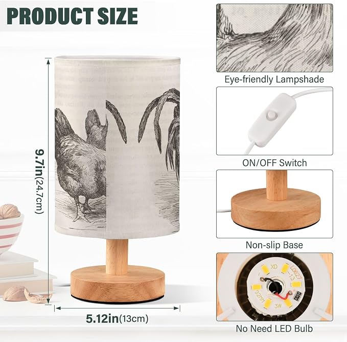 Table Lamp Retro Vintage Rooster Chicken Nightstand Lamp with Wood Base Fabric Lamp Shade Bedside Desk Lamp for Living Room Bedroom Kids Room Office