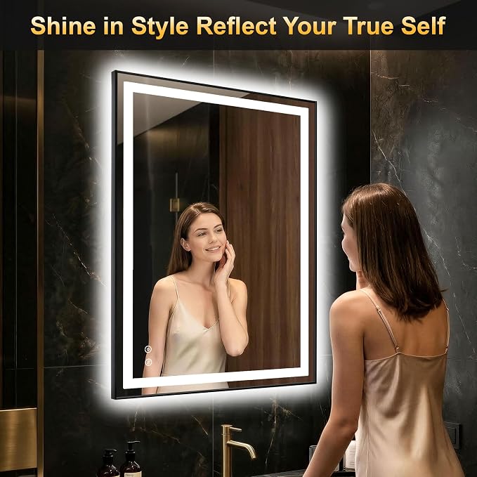 LED Bathroom Mirror with Light, 30x40 Vanity Mirror for Wall with Frame | Anti-Fog, Dimmable 3 Colors, Memory Function, Backlit and Front Lit, Shatter-Proof Glass, Plug-in/Hardwired