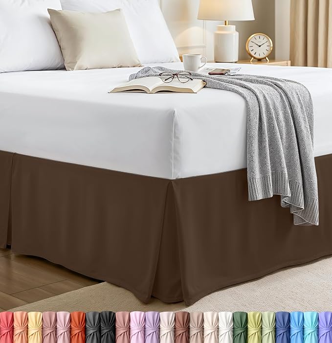 King Bed Skirt, Hides Under-Bed Storage 16 Inch Drop, Pleated, Brown | Easy Fit Design, Shrinkage & Fade Resistant, Hotel Style, Microfiber Durable Fabric, Machine Washable