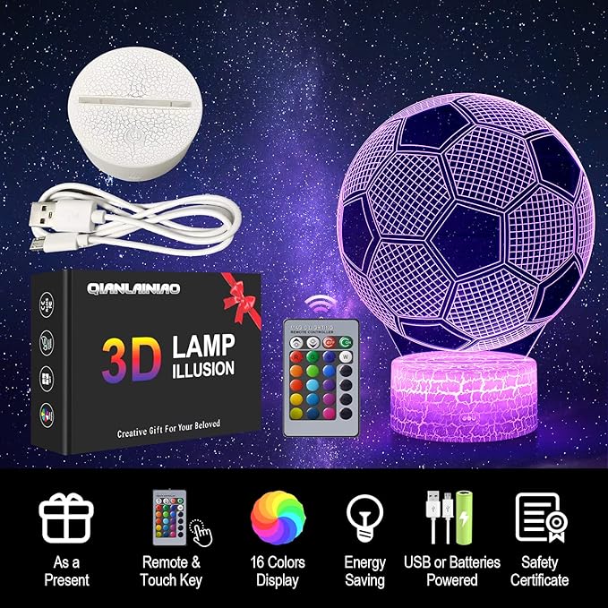 Soccer Night Light, Soccer Gifts for Boys Girls or Decor, Beauty 3D Illusion Lamp with 16 Colors Change Remote Control, Decorative Desk Lamp Christmas Creative Birthday Gift Ideal for Sport Fans