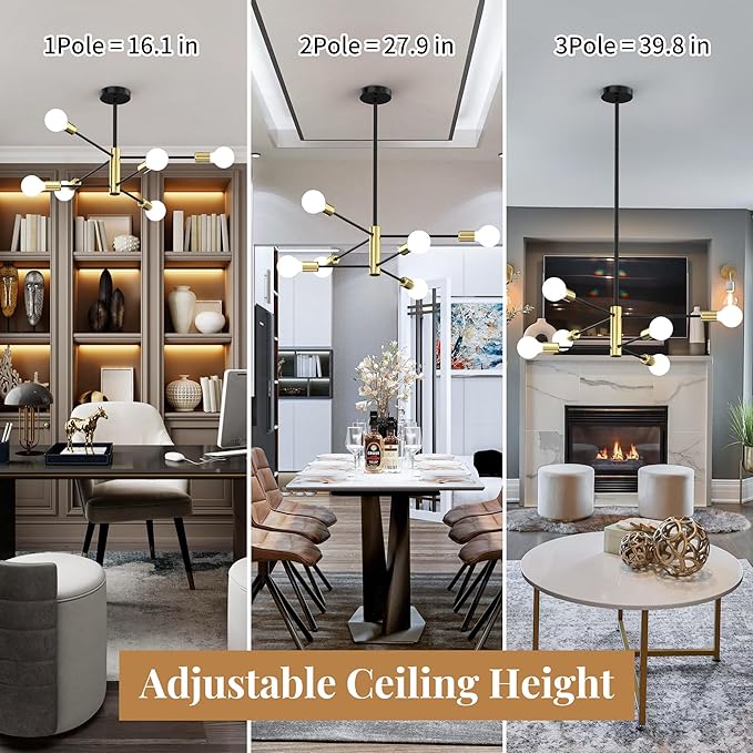 Modern Sputnik Chandeliers for Dining Room, Height Adjustable Semi Flush Black and Gold Chandelier Ceiling Mount Light Fixture 6-Light Mid Century for Living Room, Kitchen Island, Bedroom