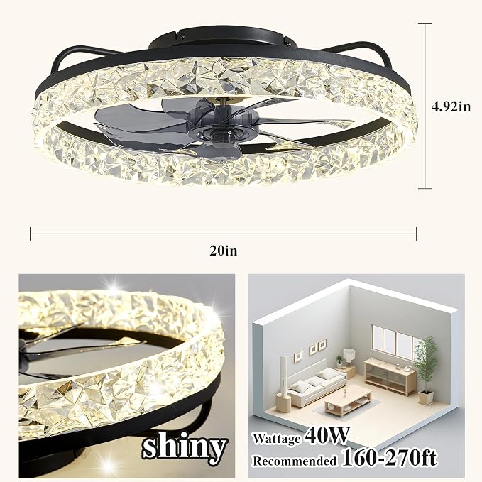 Ceiling Fans with Lights and Remote Fandelier - White 20'' Flush Mount Low Profile Modern Ceiling Fans for Bedroom - Stepless Color Temperature and 6 Speeds, White