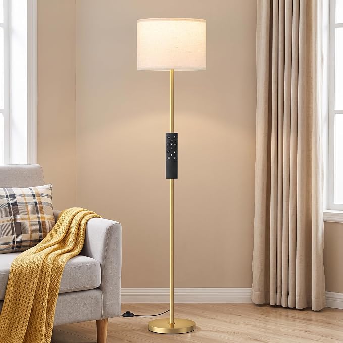 Dimmable Floor Lamp for Living Room with Remote, 9W 900LM LED Bulb Included, Beige Shade Gold Pole