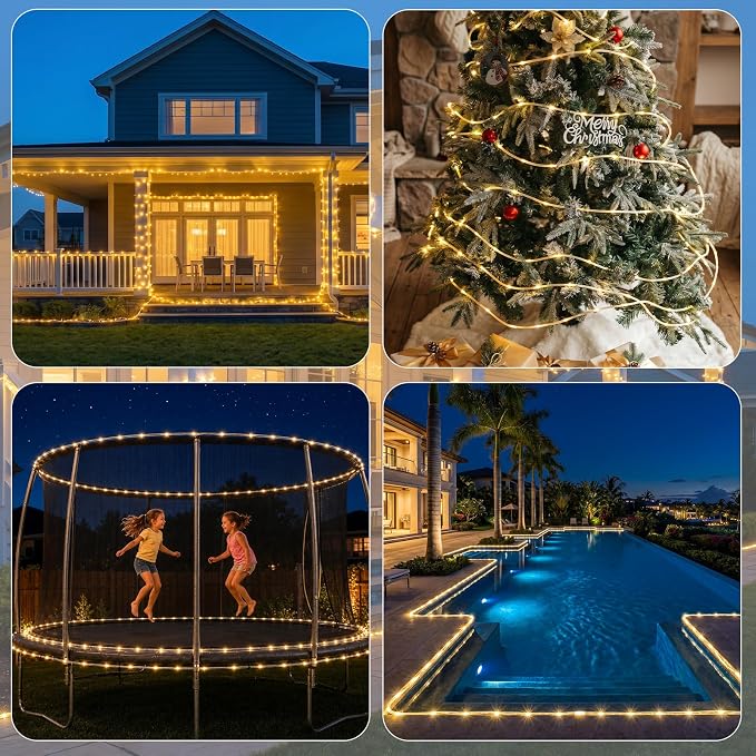 Connectable 200FT 1200LED Solar Rope Lights Outdoor Waterproof | 1.97'' LED Spacing More Brighter, USB & Solar Powered Fairy Lights for Outside Yard Tree Pool Christmas Decor, Warm White