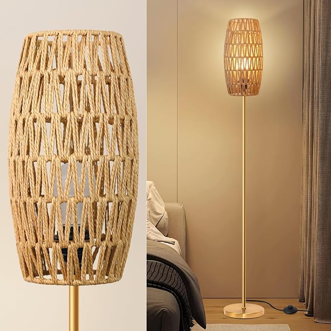 Ruiever Floor Lamp for Living Room,Farmhouse Floor lamp,Modern Standing lamp with Hand-Worked Rattan Shade (Drum Rattan Shade Body Gold Color-3 Color Bulb)