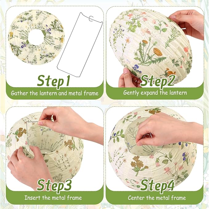 Honoson 12 Pcs Floral Paper Lanterns Tea Party Decorations Flower Wildflower Butterfly Spring Birthday Party Decoration Flower 10 Inch Hanging Round Paper Lantern for Wedding Bridal Shower Baby Shower