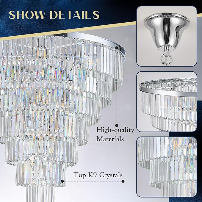 Chrome Crystal Chandelier Large 36" Modern Round Staircase Chandeliers 22 Lights 7-Tier Luxury K9 Crystal Ceiling Pendant Light Fixture for Tall Ceiling Living Room Foyer