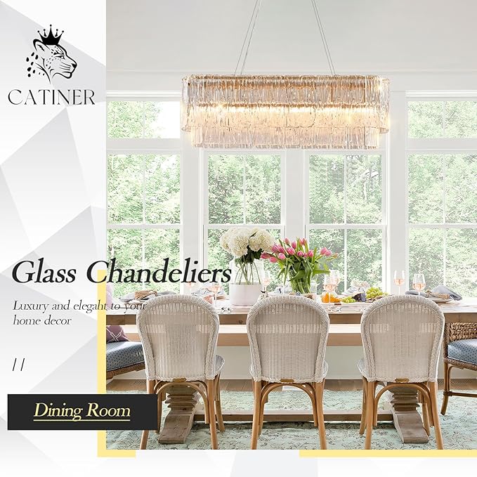 Gold Rectangle Chandeliers for Dining Room Modern Island Light Crystal Glass 6-Light Chandelier Rectangular Linear Pendant Hanging Ceiling Light Fixture for Kitchen L35.5”