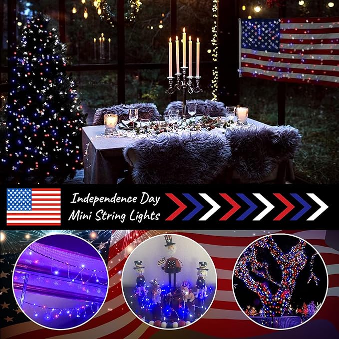 YAOZHOU Memorial Day 4th of July Patriotic Decorations, Red White Blue Solar Fairy String Lights Outdoor Waterproof, 2Pack Total 200LED 66Ft, IP67 8 Modes Outside for Garden, Patio, Yard