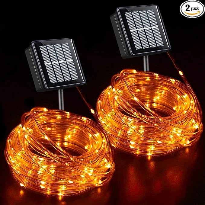 YEGUO Solar Halloween Lights, 2 Packs Each 33ft 100 LED String Lights Outdoor Waterproof, 8 Modes Fairy Lights in Clear Thin Tube for Camping Fence Patio Garden Trampoline Deck(Orange)