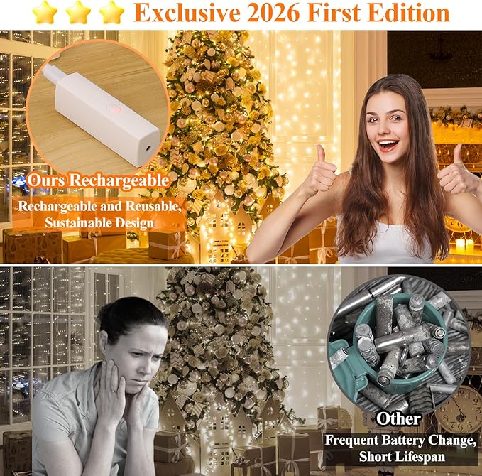 132FT(33×4) Warm White Fairy Lights, Rechargeable Battery Operated String Lights with Timer, 8 Modes Waterproof LED Twinkle Lights for Bedroom Christmas Wedding Centerpiece Table Decor