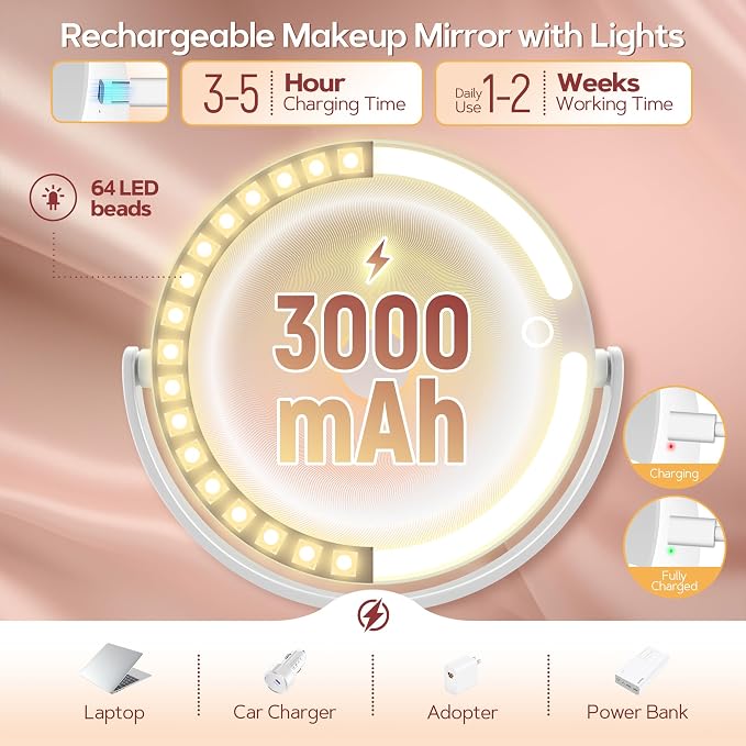 Vanity Mirror with Lights, 30X Magnifying Makeup Mirror with 3 Lighting and Adjustable Brightness, Rechargeable 2-Sided Height Adjustable Desk Mirror for Bathroom, Women Gifts for Mom