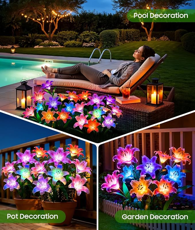 LETMY 8 Pack Solar Garden Lights, Solar Flower Lights with 6 Head Bigger Lily Lights, IP65 Waterproof Solar Lights Outdoor, Decorative Lights for Garden, Patio, Yard, Flower Bed