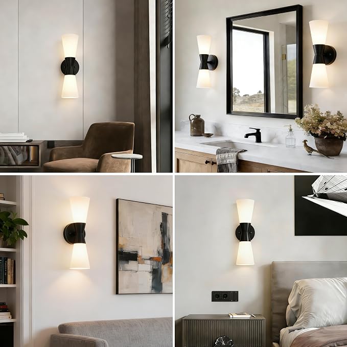 Wall Sconces Set of 2 for Bathroom, Modern Indoor Vanity Light Fixtures 15", Up Down Lighting, Wall Mount Lamp for Living Room Bedroom Hallway Stairway Fireplace Mirror E26 Base 2PC White&Black