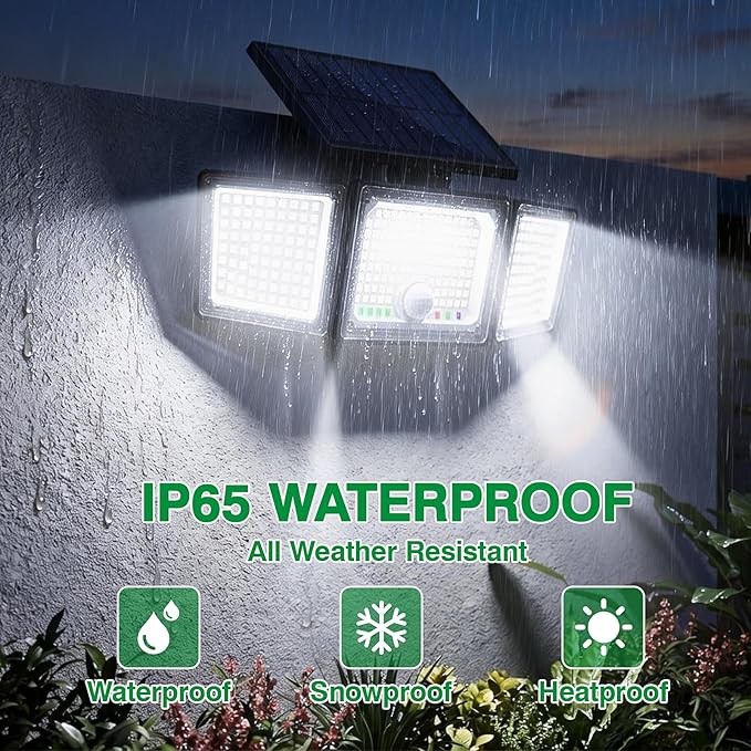 Solar Outdoor Lights Motion Sensor, 3500LM 286 LED Security Flood Lights with Visual Battery & Mode Display, 3 Lighting Modes, IP65 Waterproof 3-Head Wide Angle for Garage, Yard, Patio (4 Pack)