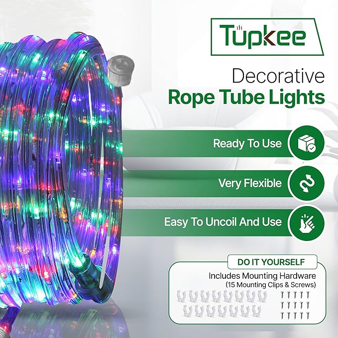 Tupkee LED Rope Light Multi-Color - for Indoor and Outdoor use, 24 Feet (7.3 m) - 10MM Diameter - 144 LED Long Life Bulbs Rope Tube Lights - Pack of 2