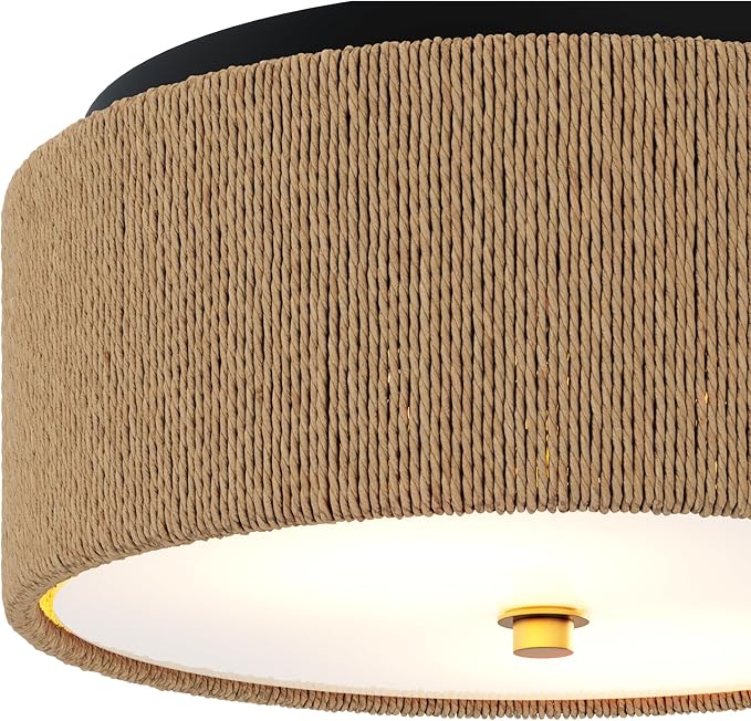 Nathan James Juluca Boho Light Fixture, Flush Mount Ceiling Light with Frosted Glass Diffuser, Rustic Boho Ceiling Light with Seagrass Shade