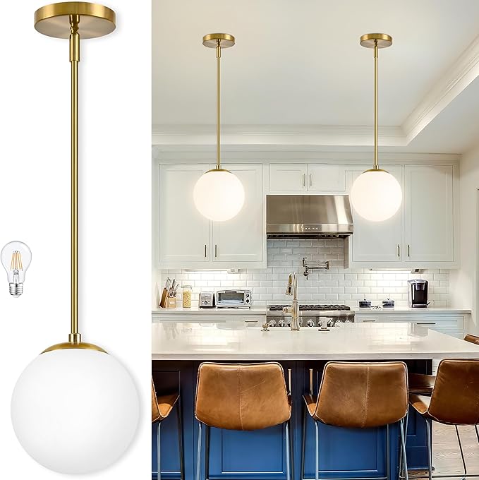 8" Globe Pendant Light Gold Mid Century Modern Light Fixture Globe Pendant Lights Kitchen Island Milk Glass Pendant Light Brushed Brass Finished with Milk Glass Lampshade for Dining Room