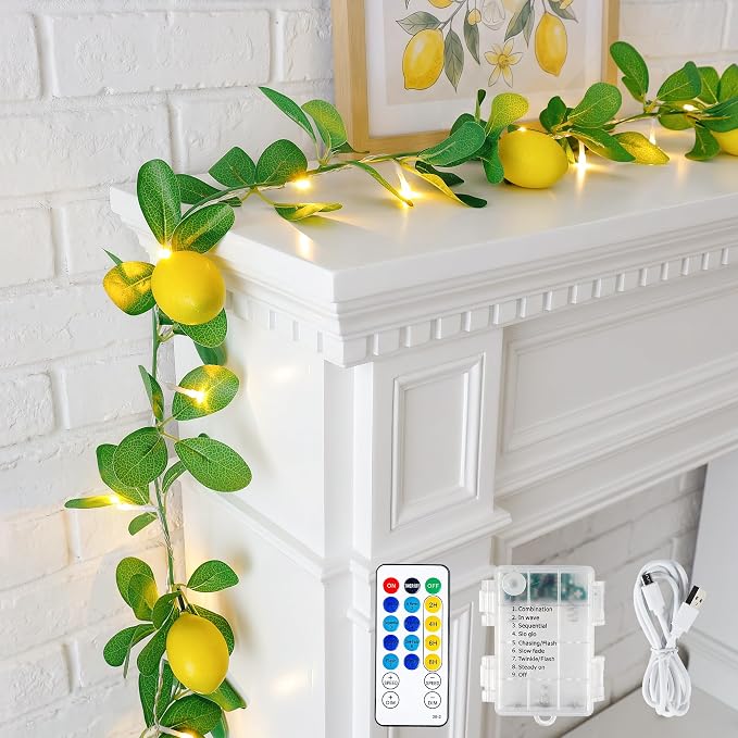 HEYFUNi 18 Led 6FT Lemon Garland Vine with Lights, USB & Battery Operated | Faux Lemon Vine with Remote, Timer, 8 Modes, 4 Brightness & Speed, Artificial Vine for Decoration, Mantel, Table,Summer Decor