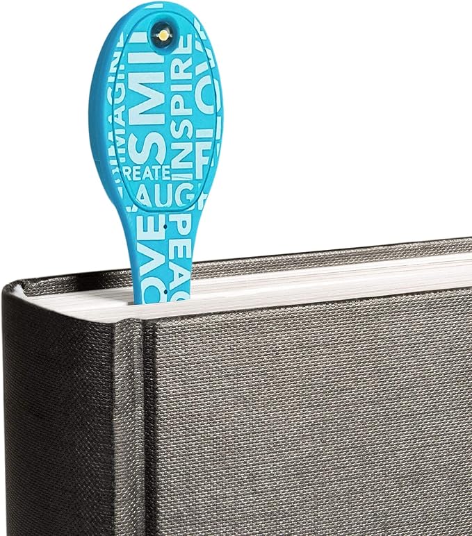 Gifts for Readers & Writers Book Light, Clip On Reading Light for Bed, 2in1 Flexilight & Bookmark, Small & Lightweight with a Soft Glow, 2 Batteries Included, Blue Words