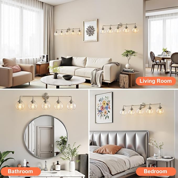Bathroom Vanity Lights 5-Light Brushed Nickel Vanity Light 39" | Farmhouse Vanity Lighting Fixtures Over Mirror, Thickened Clear Glass Shade, UL E26 Dimmable Vanity Light Fixtures