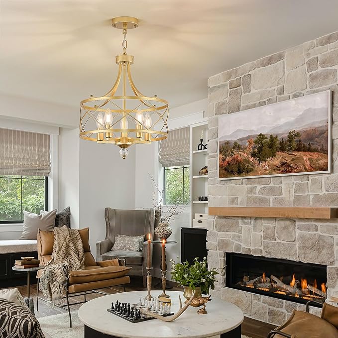 5-Light Round Chandelier,15.2in Gold Farmhouse Lantern Pendant Light Fixture,Adjustable Hanging Ceiling Lamp,for Kitchen Island,Bedroom,Entryway,Dining Room