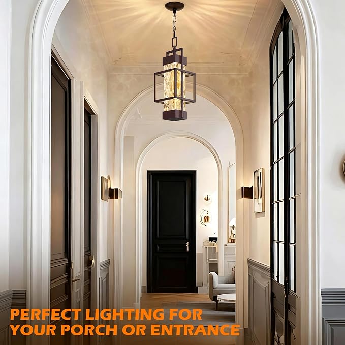 Hotsonic 15'' Oil Rubbed Bronze Outdoor Indoor Pendant Celing Light Fixture, Modern Exterior Hanging Chandelier Porch Lights, Aluminum Outside Lantern Lamp for Entrance Foyer Entryway (Bulb Included)