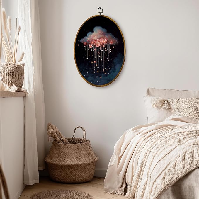 zewepri Floral Cloud Oval Wall Art, Starry Pink Rain Canvas Decor, 8.5x11.5 | Magical pink floral cloud with golden stars adds dreamy charm to nursery, bedroom, bathroom, living room, or gallery wall