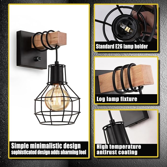Lightess Set of Two Black Cage Farmhouse Wall Sconces with Dimmer Switch | Metal Cage Frame Adjustable Brightness Wall Mount Light Dimmable Rustic Industrial For Kitchen Living Room Indoor Decor
