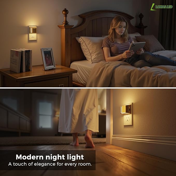 L LOHAS LED Night Lights Plug into Wall, Dimmable Night Light 2 Pack | Plug in Night Light with 3 Level Brightness, 3000K Soft White, Gold Housing