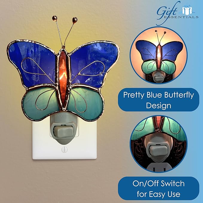 Gift Essentials Blue and Aqua Butterfly Plug in Night Light - Stained Glass Nightlight with On/Off Rocker Switch - Includes One 4 Watt Replaceable Incandescent Warm Glow Bulb