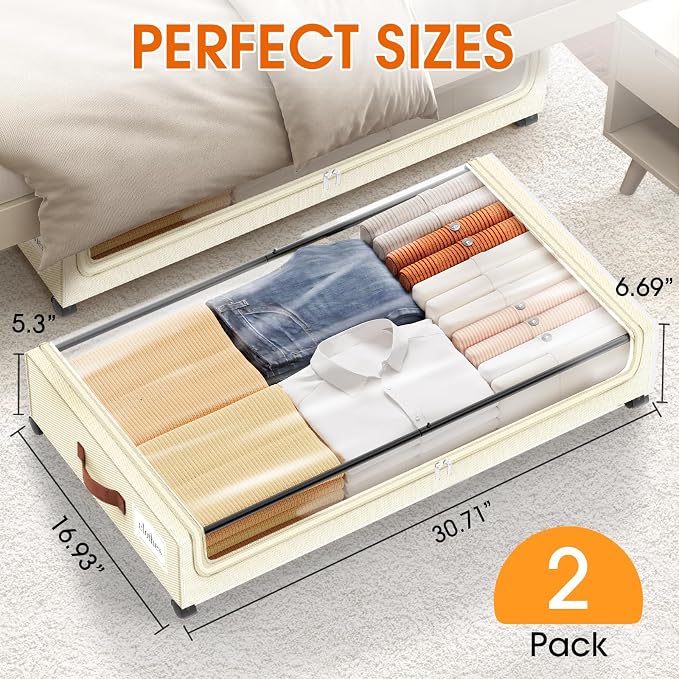 Under Bed Storage with Wheels 2Pack Storage Containers with Clear Window | Under Bed Drawers Rolling Under Bed Storage for Clothes,Shoes, Blankets (30.71 x 16.93 x 6.69 in, Beige)