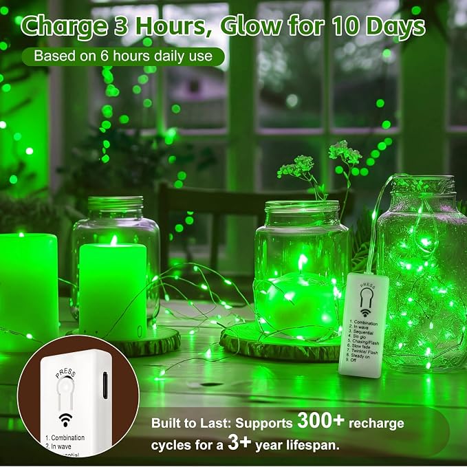6 Pack Rechargeable Fairy Lights,7ft 20LEDs, Remote & DIY Timer | Dimmable Silver Wire, Mini Twinkle Lights, For Mason Jar, Indoor Christmas Bedroom Wedding Decor, Green
