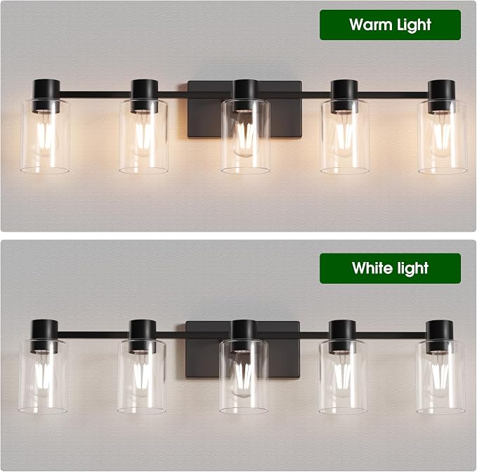 5-Light Modern Vanity Light Fixtures Over Mirror, Matte Black Bathroom Light Fixtures, Vanity Lights, Wall Sconce with Clear Glass Shade for Bathroom, E26 Base