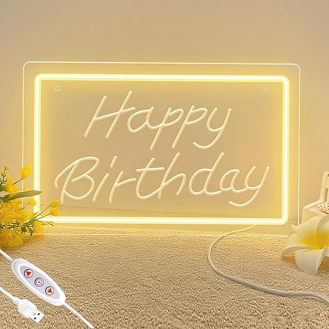 Happy Birthday LED Neon Sign – Warm White Dimmable Neon Light, USB Powered Wall Decor for Party Backdrop, Bachelorette Party Decor, Ideal Christmas Gift & Birthday Gift
