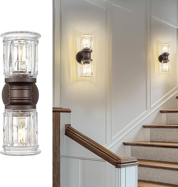 Rustic Wall Sconces, HWH Farmhouse Sconce Wall Lighting in Oil-Rubbed Bronze Finish, 2-Light Indoor Up Down Wall Light for Bathroom, Bell-Shaped Clear Glass, 5HZG106B-2W ORB