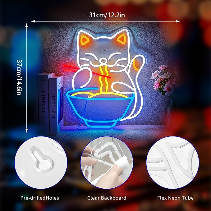 Neon Sign, Ramen Cat Neon Signs for Wall Decor LED Signs Neon Light | Cat Ramen Neon Sign, Dimmable Cat Noodle LED Sign for Bedroom, Kids Room, Restaurant, Kitchen, Home Decor, Gift, USB Powered