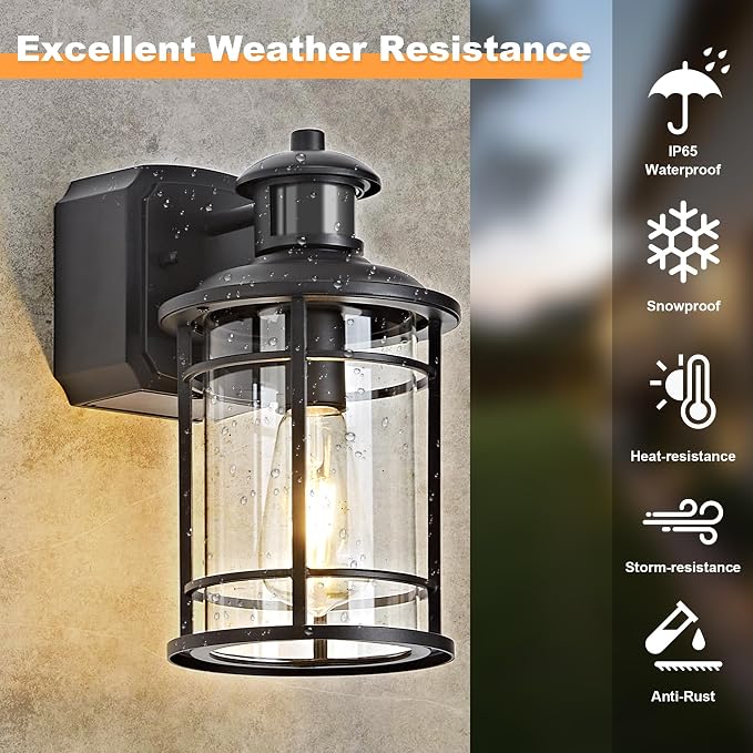 Patio Wall Light Fixture with Dual GFCI Outlets, Outdoor Light with Outlet, Motion Sensor Dusk-to-Dawn, Vintage Industrial Black Lantern, for Porch Patio Garage (2 Pack)
