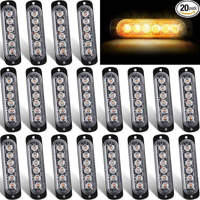 Tallew 20 Pack LED Emergency Strobe Lights 6 LED Amber Surface Mount Flashing Lights Warning Emergency Flashing Lights Construction Caution Lights for Truck Off Road Car Firefighter Vehicles ATV SUV